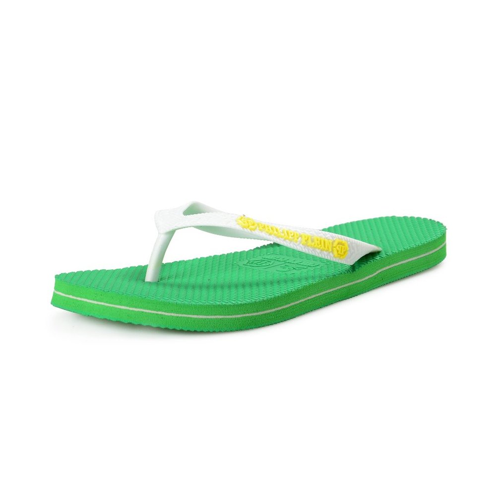 Philipp Plein Green/White Rubber Logo Print Flip Flops Shoes